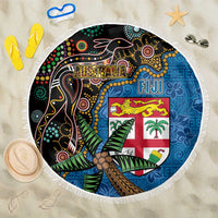 Fijian and Australian Culture Together Beach Blanket Aboriginal Art and Tapa Motifs with Kangaroo and Palm Tree - Polynesian Pride