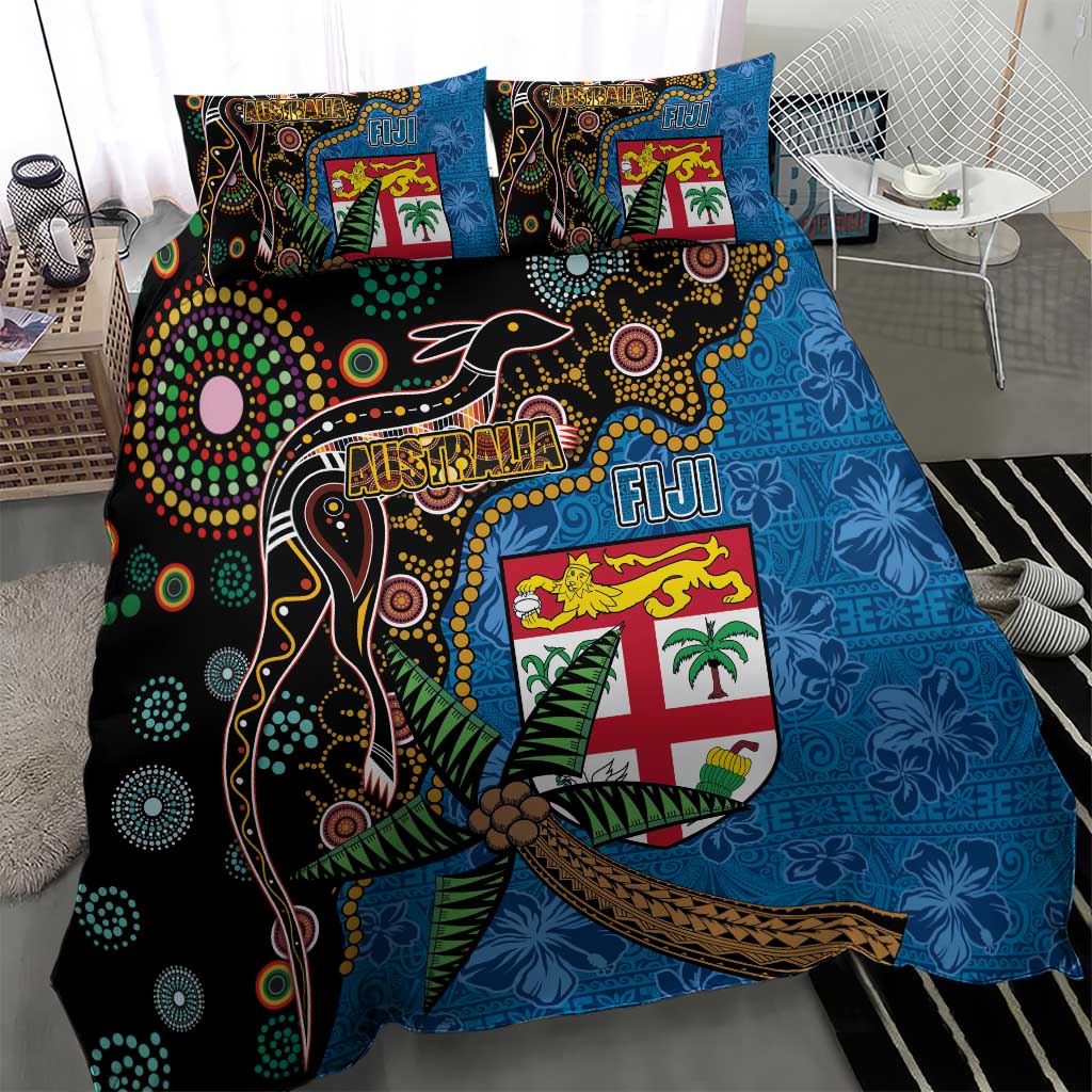 Fijian and Australian Culture Together Bedding Set Aboriginal Art and Tapa Motifs with Kangaroo and Palm Tree - Polynesian Pride