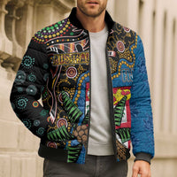 Fijian and Australian Culture Together Bomber Puffer Jacket Aboriginal Art and Tapa Motifs with Kangaroo and Palm Tree - Polynesian Pride
