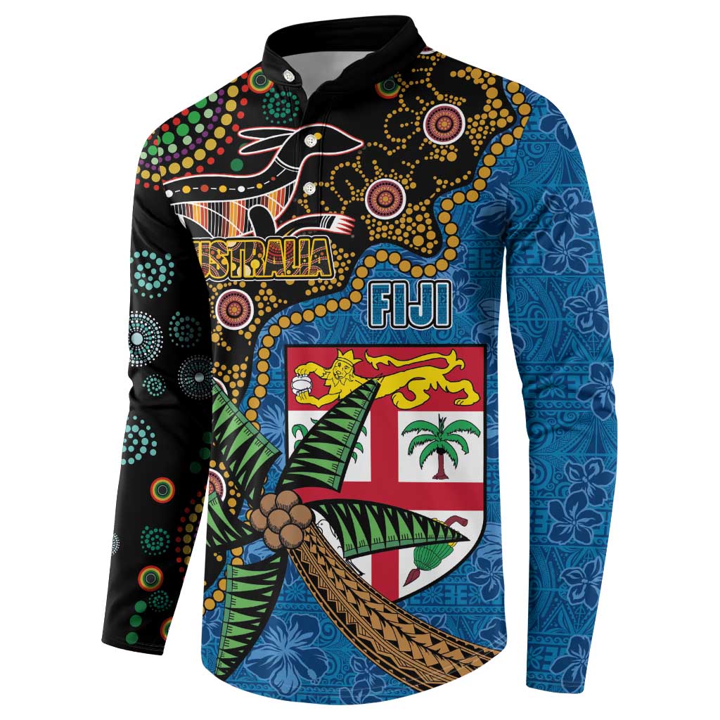 Fijian and Australian Culture Together Button Sweatshirt Aboriginal Art and Tapa Motifs with Kangaroo and Palm Tree - Polynesian Pride