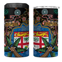 Fijian and Australian Culture Together 4 in 1 Can Cooler Tumbler Aboriginal Art and Tapa Motifs with Kangaroo and Palm Tree - Polynesian Pride