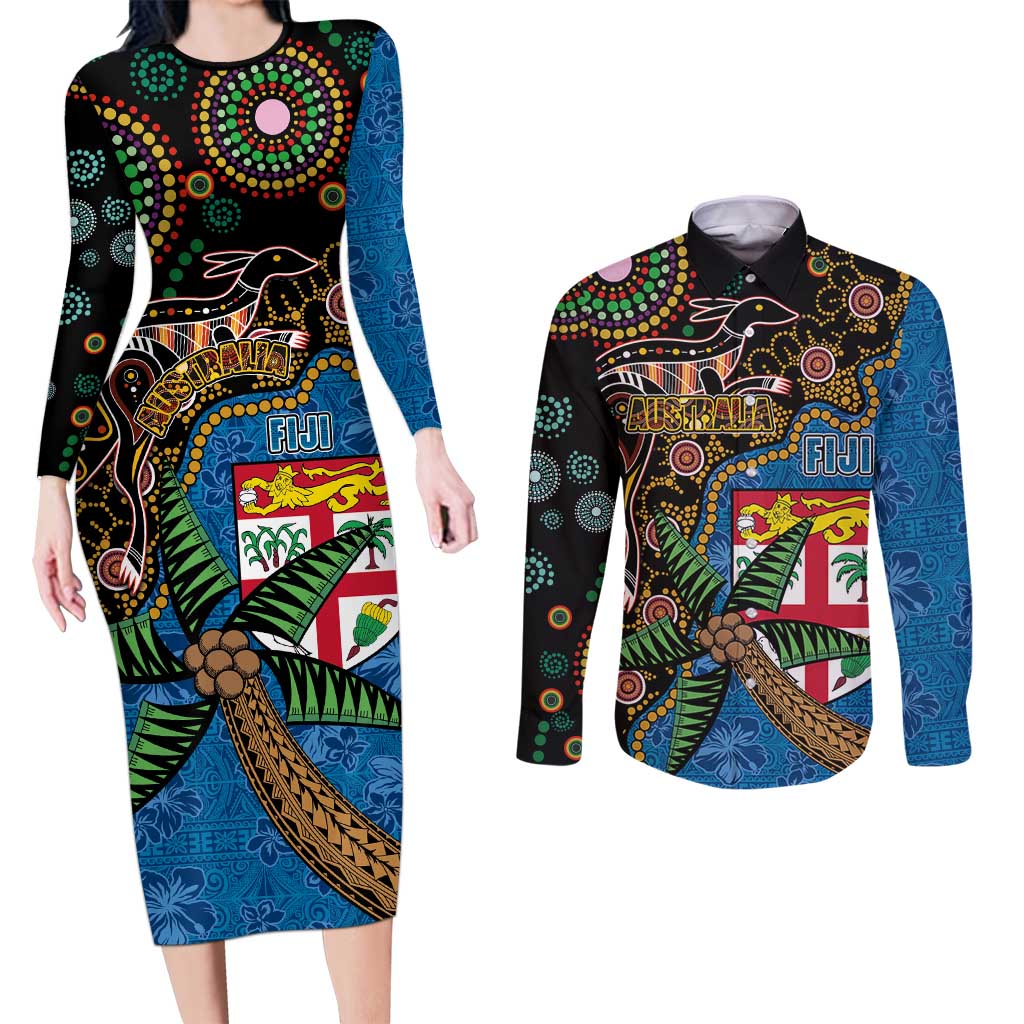 Fijian and Australian Culture Together Couples Matching Long Sleeve Bodycon Dress and Long Sleeve Button Shirt Aboriginal Art and Tapa Motifs with Kangaroo and Palm Tree - Polynesian Pride