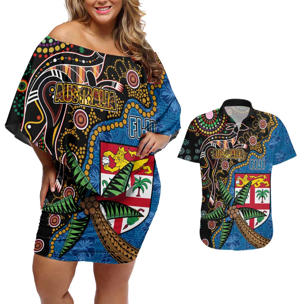 Fijian and Australian Culture Together Couples Matching Off Shoulder Short Dress and Hawaiian Shirt Aboriginal Art and Tapa Motifs with Kangaroo and Palm Tree - Polynesian Pride