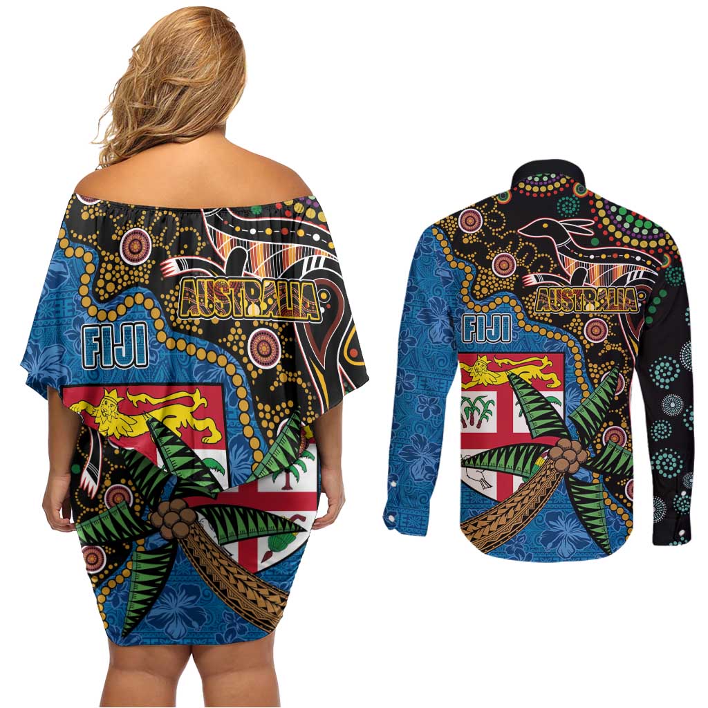 Fijian and Australian Culture Together Couples Matching Off Shoulder Short Dress and Long Sleeve Button Shirt Aboriginal Art and Tapa Motifs with Kangaroo and Palm Tree - Polynesian Pride