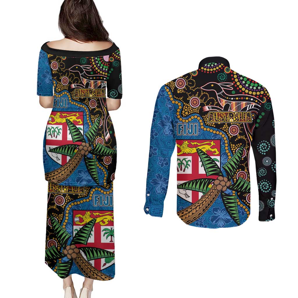 Fijian and Australian Culture Together Couples Matching Puletasi and Long Sleeve Button Shirt Aboriginal Art and Tapa Motifs with Kangaroo and Palm Tree - Polynesian Pride