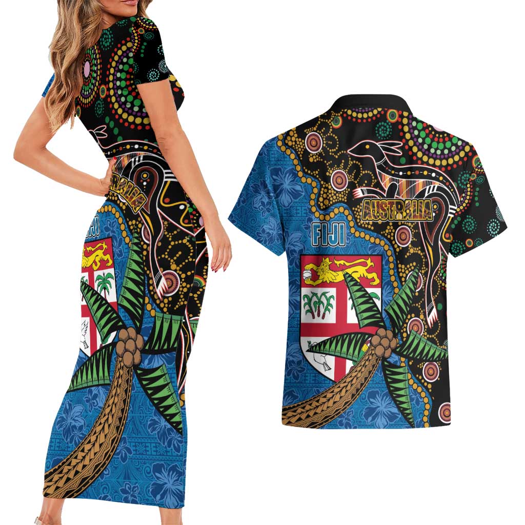 Fijian and Australian Culture Together Couples Matching Short Sleeve Bodycon Dress and Hawaiian Shirt Aboriginal Art and Tapa Motifs with Kangaroo and Palm Tree - Polynesian Pride