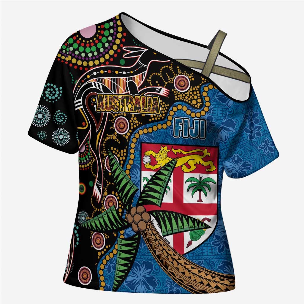 Fijian and Australian Culture Together Cross Shoulder Shirt Aboriginal Art and Tapa Motifs with Kangaroo and Palm Tree - Polynesian Pride