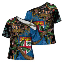 Fijian and Australian Culture Together Cross Shoulder Shirt Aboriginal Art and Tapa Motifs with Kangaroo and Palm Tree - Polynesian Pride