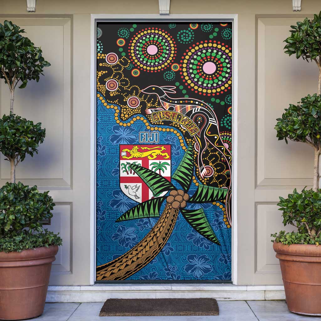 Fijian and Australian Culture Together Door Cover Aboriginal Art and Tapa Motifs with Kangaroo and Palm Tree - Polynesian Pride