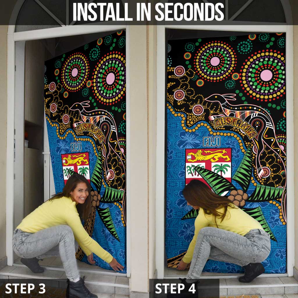 Fijian and Australian Culture Together Door Cover Aboriginal Art and Tapa Motifs with Kangaroo and Palm Tree - Polynesian Pride
