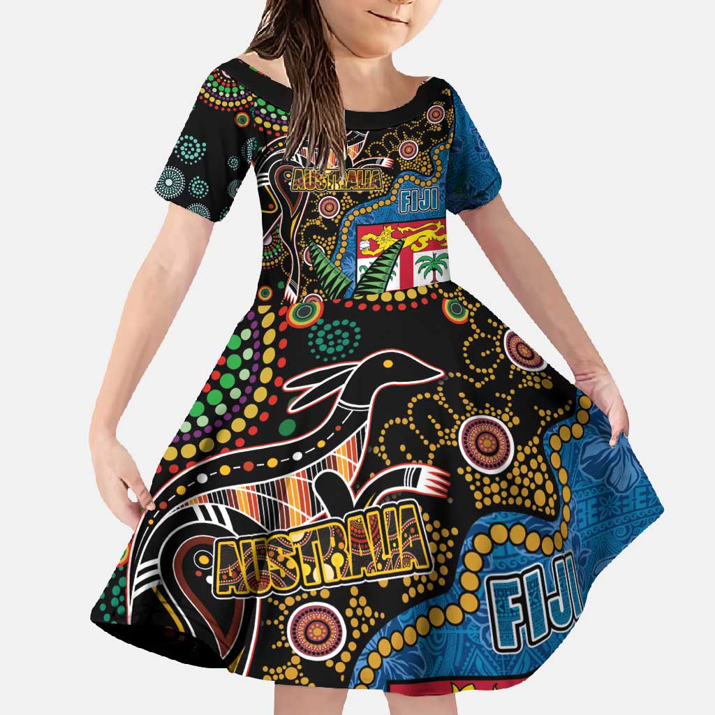 Fijian and Australian Culture Together Family Matching Long Sleeve Bodycon Dress and Hawaiian Shirt Aboriginal Art and Tapa Motifs with Kangaroo and Palm Tree - Polynesian Pride
