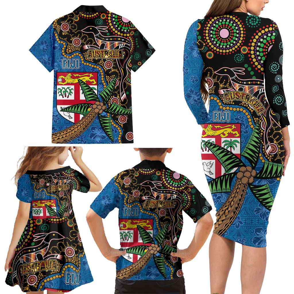 Fijian and Australian Culture Together Family Matching Long Sleeve Bodycon Dress and Hawaiian Shirt Aboriginal Art and Tapa Motifs with Kangaroo and Palm Tree - Polynesian Pride