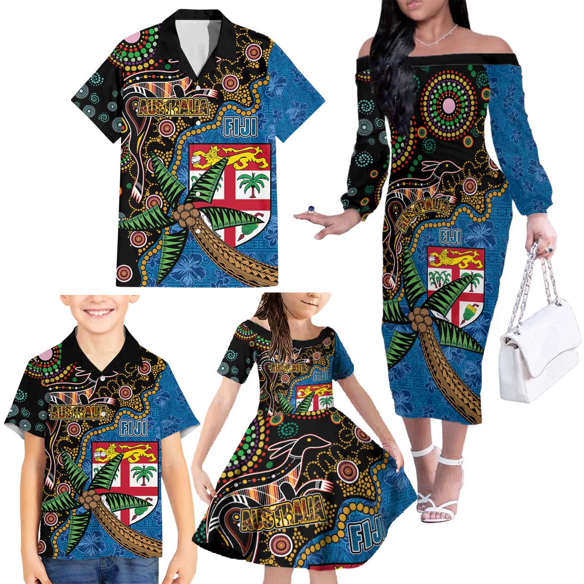 Fijian and Australian Culture Together Family Matching Off The Shoulder Long Sleeve Dress and Hawaiian Shirt Aboriginal Art and Tapa Motifs with Kangaroo and Palm Tree - Polynesian Pride
