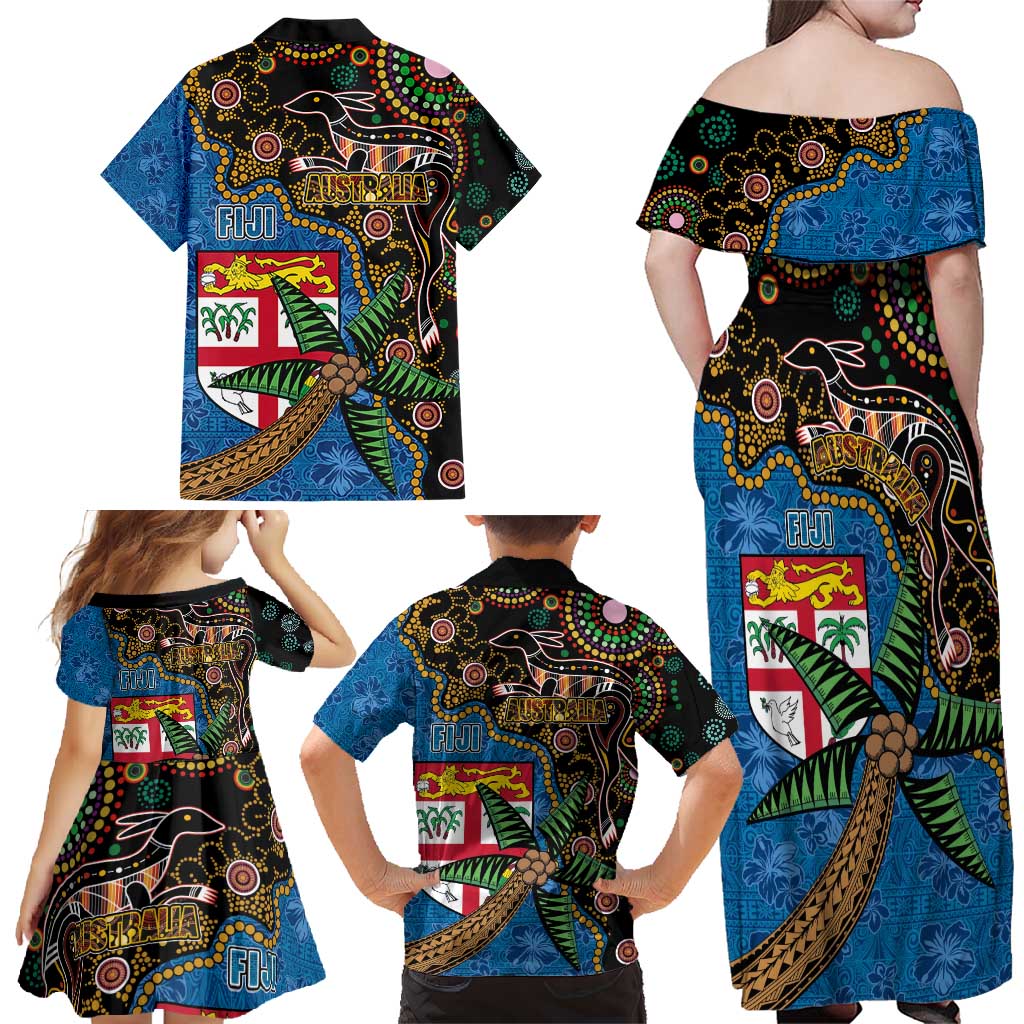 Fijian and Australian Culture Together Family Matching Off Shoulder Maxi Dress and Hawaiian Shirt Aboriginal Art and Tapa Motifs with Kangaroo and Palm Tree - Polynesian Pride