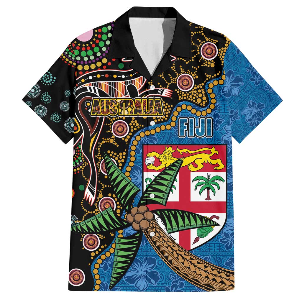 Fijian and Australian Culture Together Family Matching Off Shoulder Maxi Dress and Hawaiian Shirt Aboriginal Art and Tapa Motifs with Kangaroo and Palm Tree - Polynesian Pride