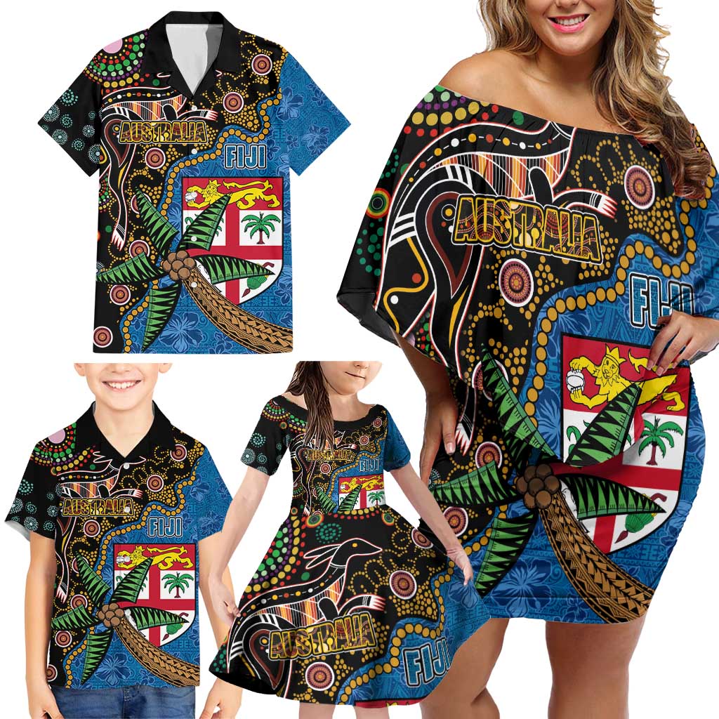 Fijian and Australian Culture Together Family Matching Off Shoulder Short Dress and Hawaiian Shirt Aboriginal Art and Tapa Motifs with Kangaroo and Palm Tree - Polynesian Pride