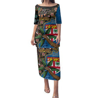 Fijian and Australian Culture Together Family Matching Puletasi and Hawaiian Shirt Aboriginal Art and Tapa Motifs with Kangaroo and Palm Tree - Polynesian Pride