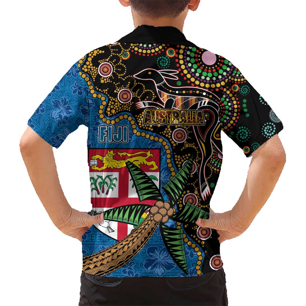 Fijian and Australian Culture Together Family Matching Short Sleeve Bodycon Dress and Hawaiian Shirt Aboriginal Art and Tapa Motifs with Kangaroo and Palm Tree - Polynesian Pride