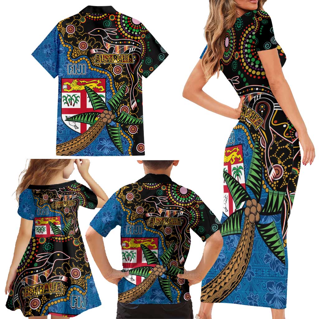 Fijian and Australian Culture Together Family Matching Short Sleeve Bodycon Dress and Hawaiian Shirt Aboriginal Art and Tapa Motifs with Kangaroo and Palm Tree - Polynesian Pride