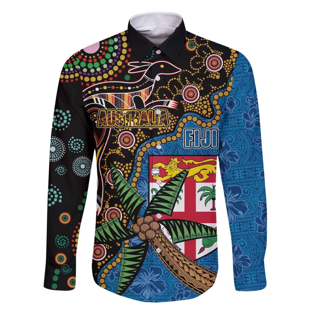 Fijian and Australian Culture Together Family Matching Short Sleeve Bodycon Dress and Hawaiian Shirt Aboriginal Art and Tapa Motifs with Kangaroo and Palm Tree - Polynesian Pride