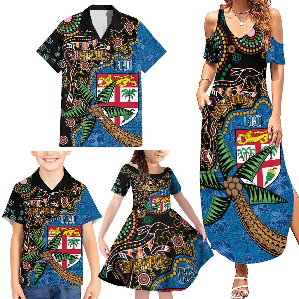 Fijian and Australian Culture Together Family Matching Summer Maxi Dress and Hawaiian Shirt Aboriginal Art and Tapa Motifs with Kangaroo and Palm Tree - Polynesian Pride