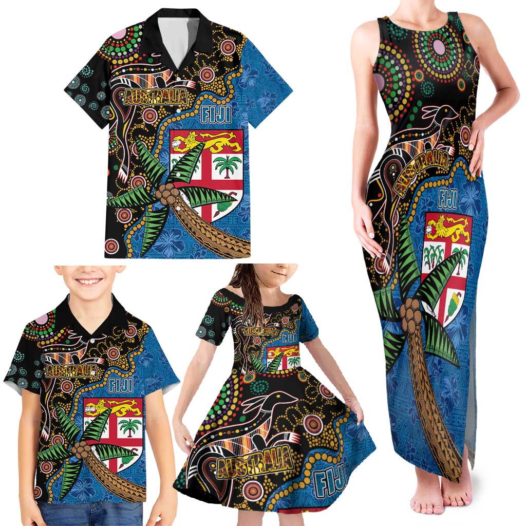 Fijian and Australian Culture Together Family Matching Tank Maxi Dress and Hawaiian Shirt Aboriginal Art and Tapa Motifs with Kangaroo and Palm Tree - Polynesian Pride