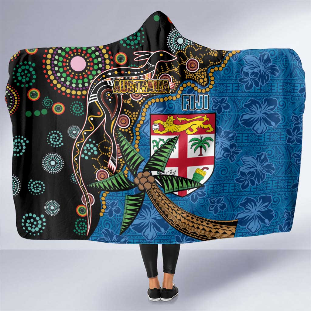 Fijian and Australian Culture Together Hooded Blanket Aboriginal Art and Tapa Motifs with Kangaroo and Palm Tree - Polynesian Pride