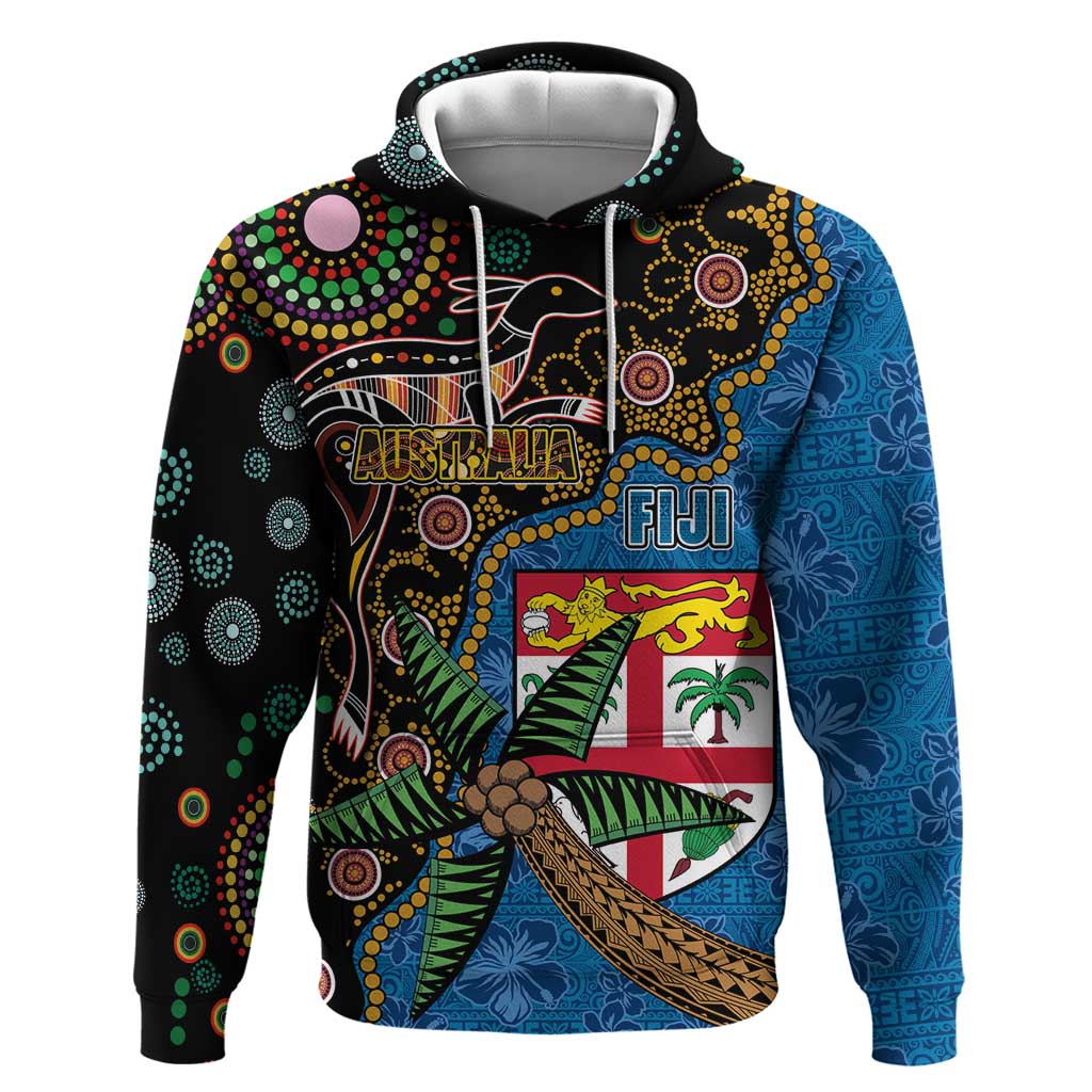 Fijian and Australian Culture Together Hoodie Aboriginal Art and Tapa Motifs with Kangaroo and Palm Tree - Polynesian Pride