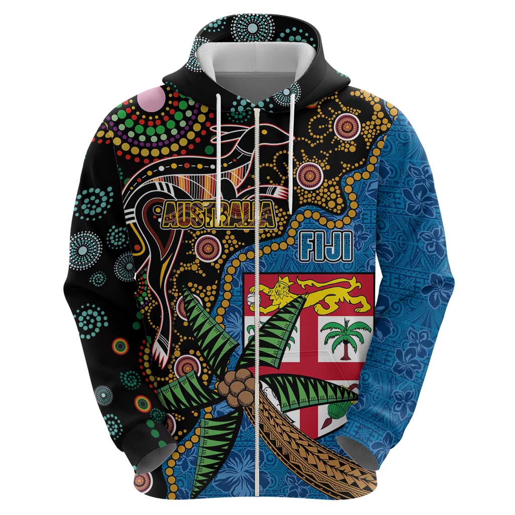 Fijian and Australian Culture Together Hoodie Aboriginal Art and Tapa Motifs with Kangaroo and Palm Tree - Polynesian Pride