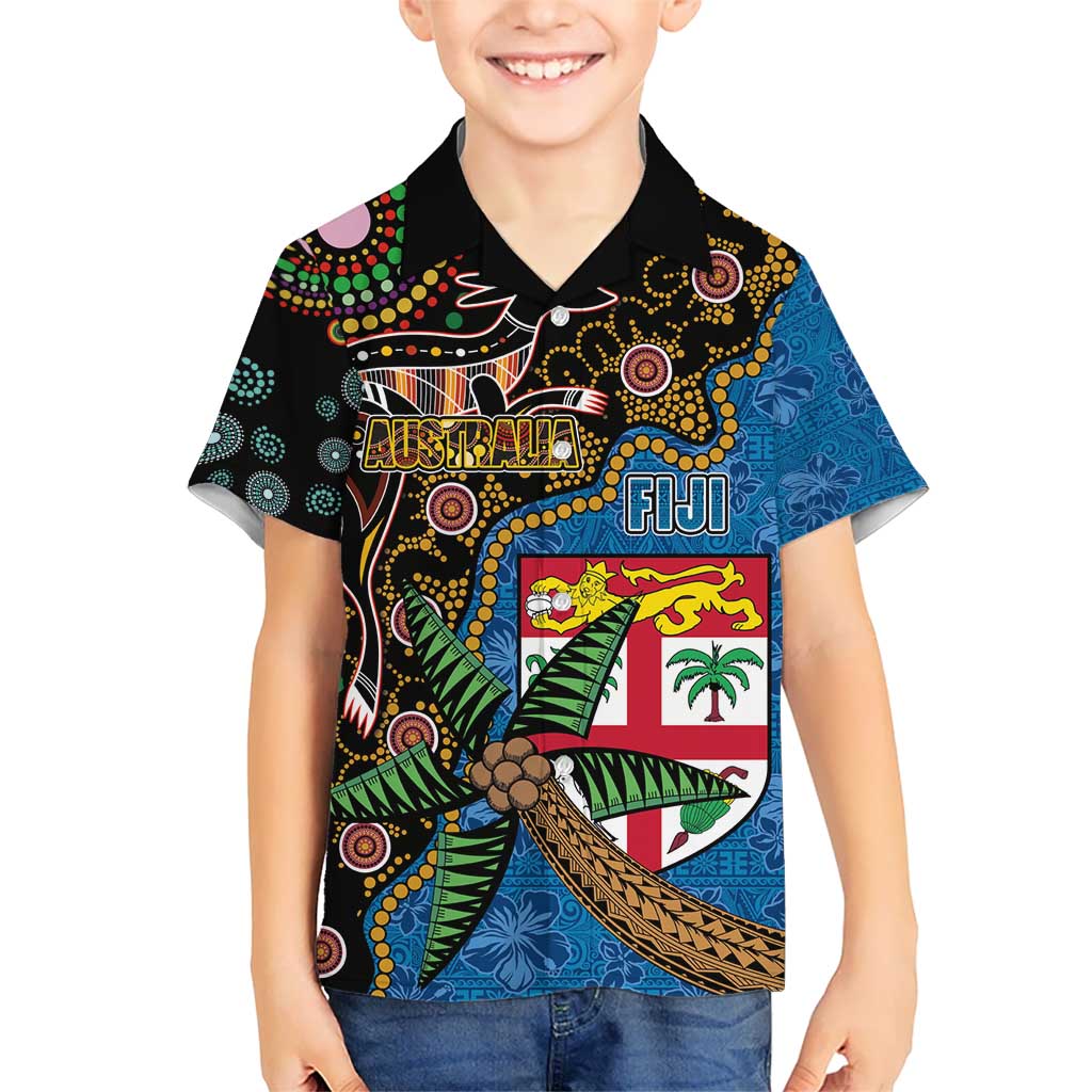 Fijian and Australian Culture Together Kid Hawaiian Shirt Aboriginal Art and Tapa Motifs with Kangaroo and Palm Tree - Polynesian Pride