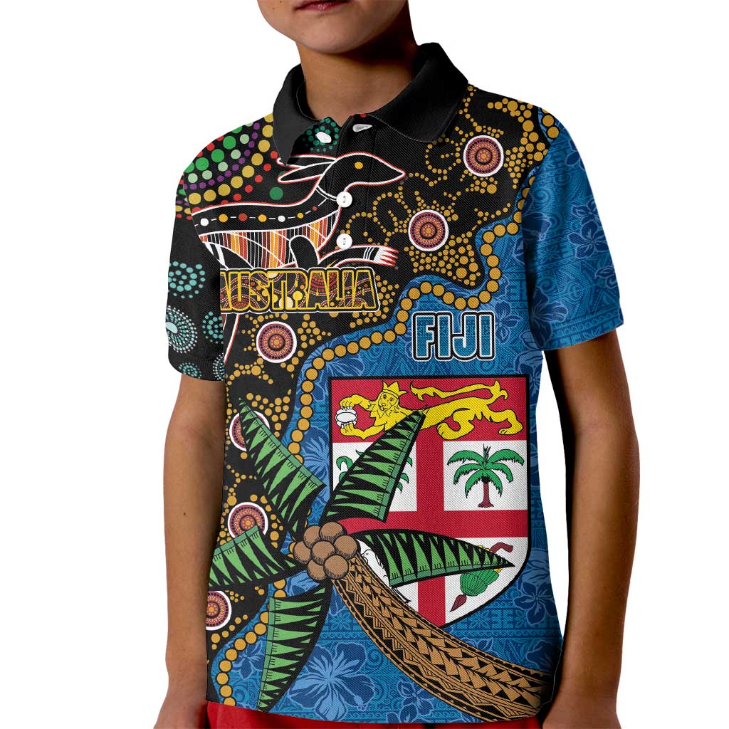 Fijian and Australian Culture Together Kid Polo Shirt Aboriginal Art and Tapa Motifs with Kangaroo and Palm Tree - Polynesian Pride