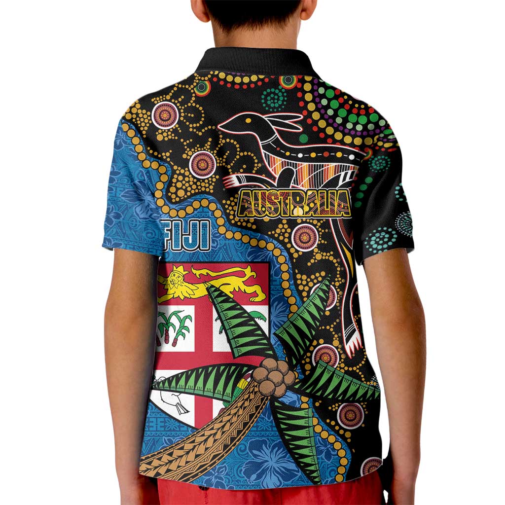 Fijian and Australian Culture Together Kid Polo Shirt Aboriginal Art and Tapa Motifs with Kangaroo and Palm Tree - Polynesian Pride