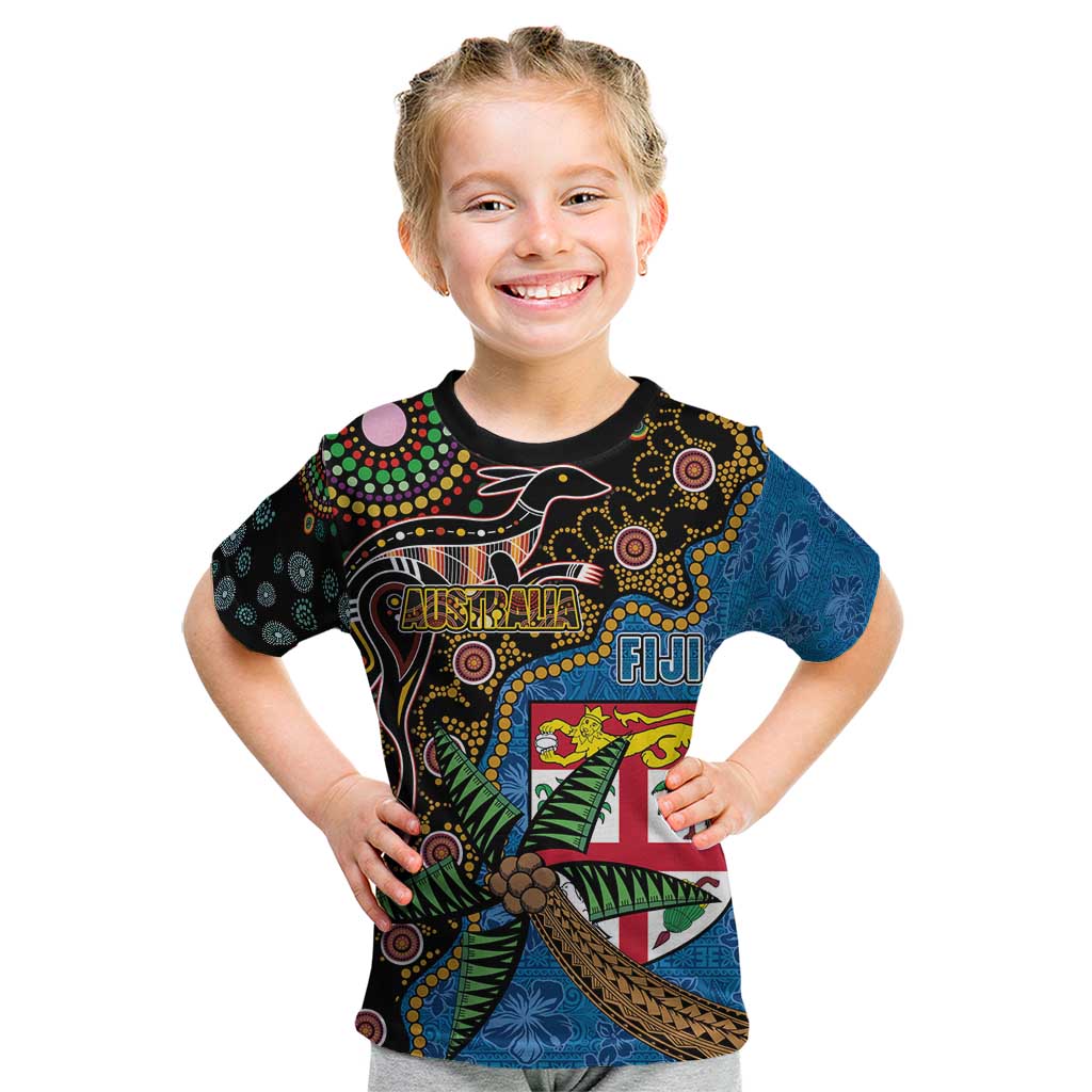 Fijian and Australian Culture Together Kid T Shirt Aboriginal Art and Tapa Motifs with Kangaroo and Palm Tree - Polynesian Pride