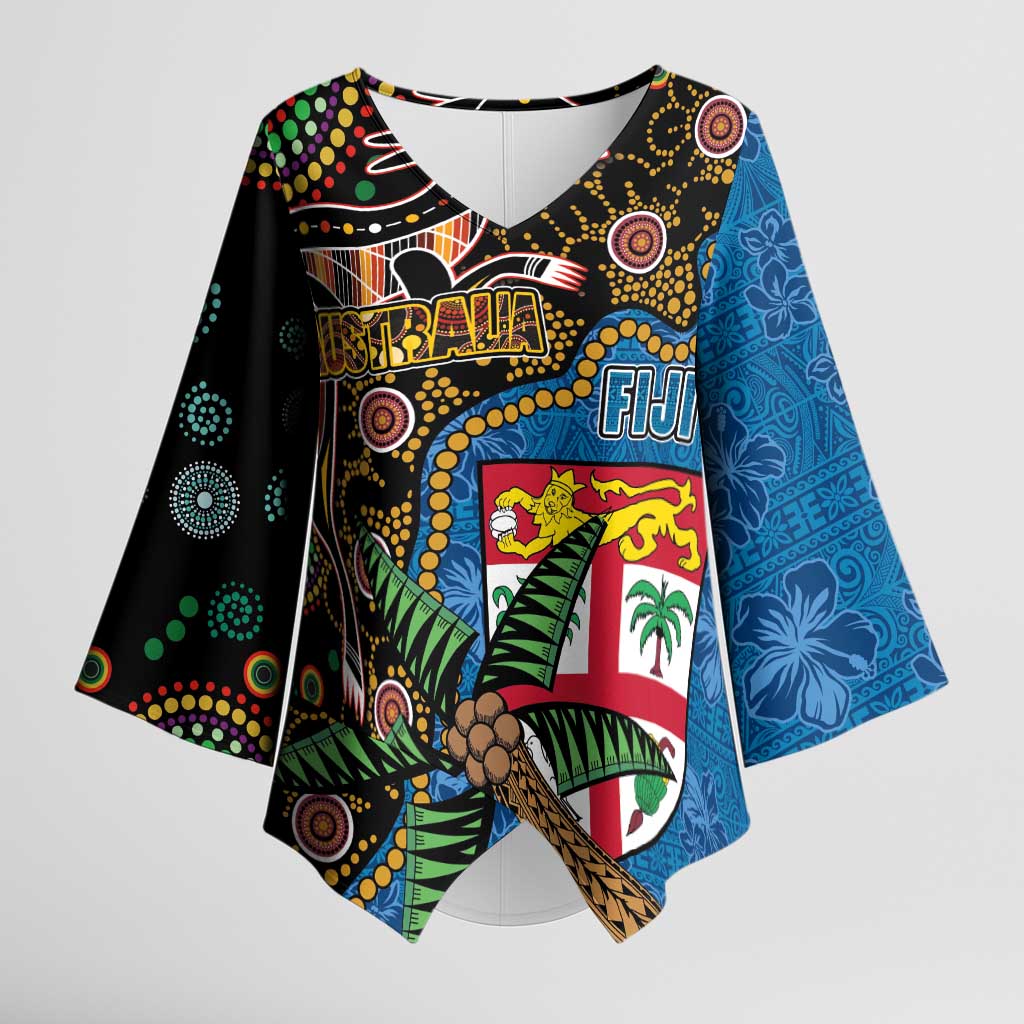 Fijian and Australian Culture Together Kimono Sleeve Blouse Aboriginal Art and Tapa Motifs with Kangaroo and Palm Tree - Polynesian Pride