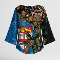 Fijian and Australian Culture Together Kimono Sleeve Blouse Aboriginal Art and Tapa Motifs with Kangaroo and Palm Tree - Polynesian Pride