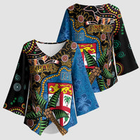 Fijian and Australian Culture Together Kimono Sleeve Blouse Aboriginal Art and Tapa Motifs with Kangaroo and Palm Tree - Polynesian Pride