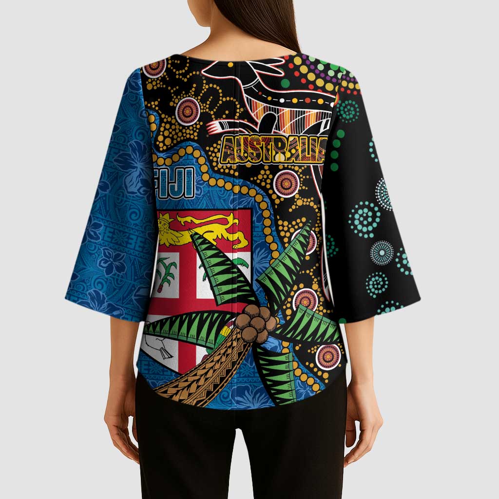 Fijian and Australian Culture Together Kimono Sleeve Blouse Aboriginal Art and Tapa Motifs with Kangaroo and Palm Tree - Polynesian Pride