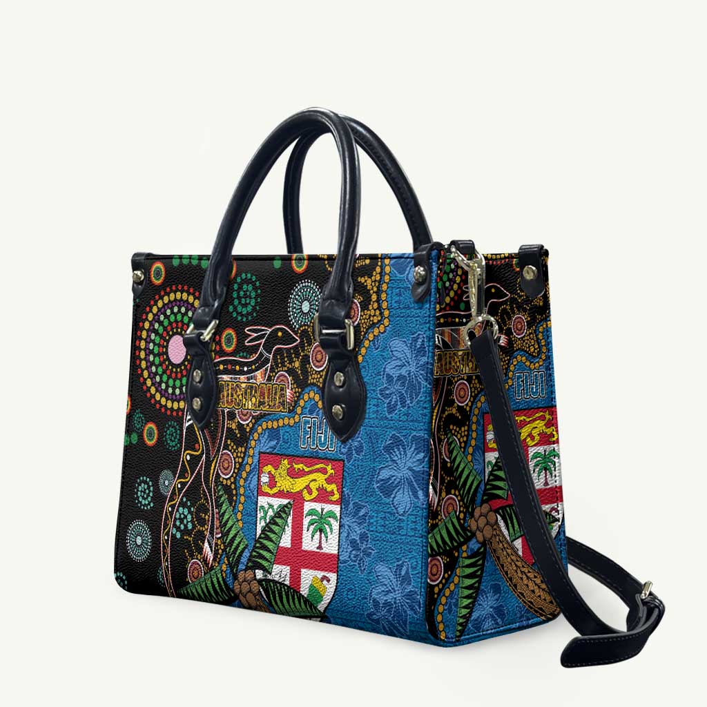 Fijian and Australian Culture Together Leather Bag Aboriginal Art and Tapa Motifs with Kangaroo and Palm Tree - Polynesian Pride