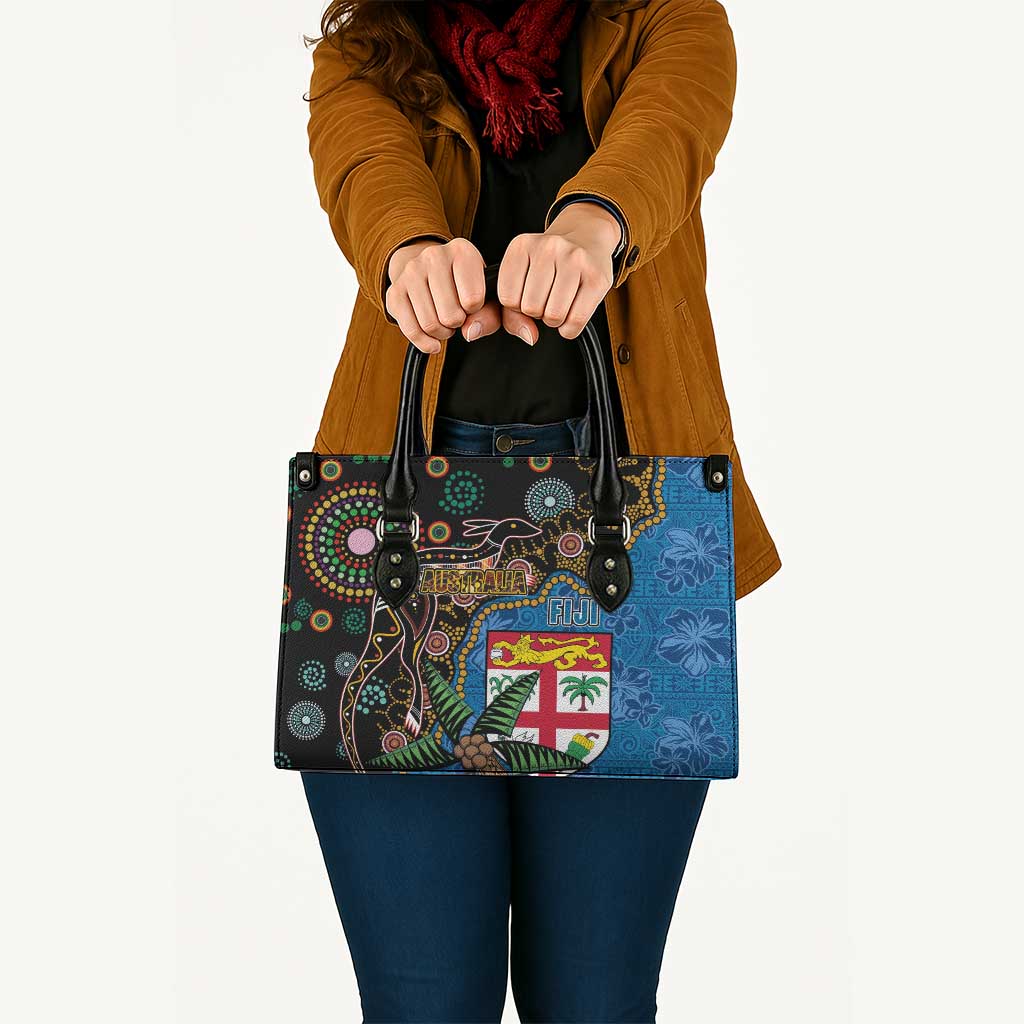 Fijian and Australian Culture Together Leather Bag Aboriginal Art and Tapa Motifs with Kangaroo and Palm Tree - Polynesian Pride