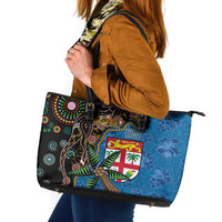 Fijian and Australian Culture Together Leather Tote Bag Aboriginal Art and Tapa Motifs with Kangaroo and Palm Tree - Polynesian Pride