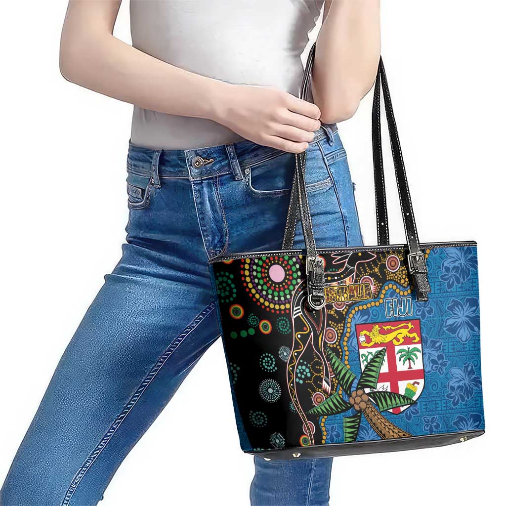 Fijian and Australian Culture Together Leather Tote Bag Aboriginal Art and Tapa Motifs with Kangaroo and Palm Tree - Polynesian Pride