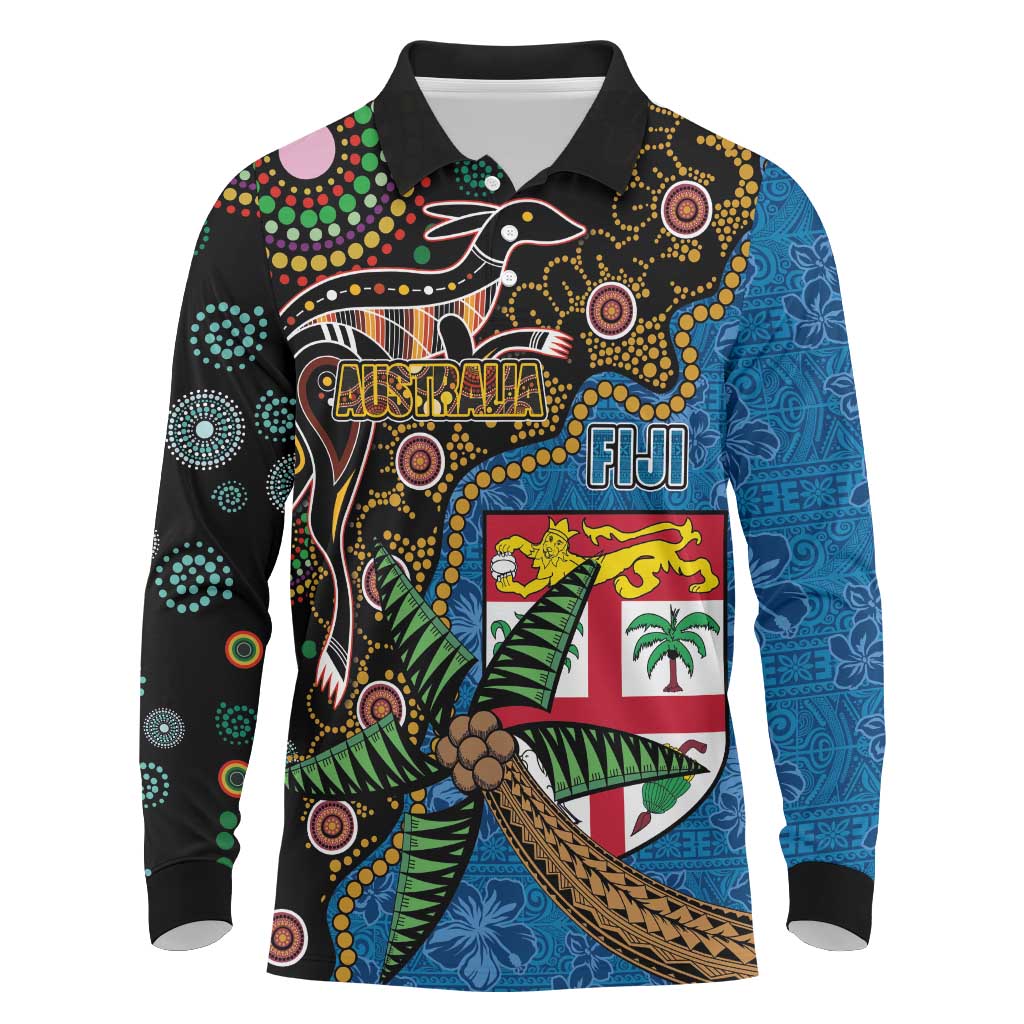 Fijian and Australian Culture Together Long Sleeve Polo Shirt Aboriginal Art and Tapa Motifs with Kangaroo and Palm Tree - Polynesian Pride