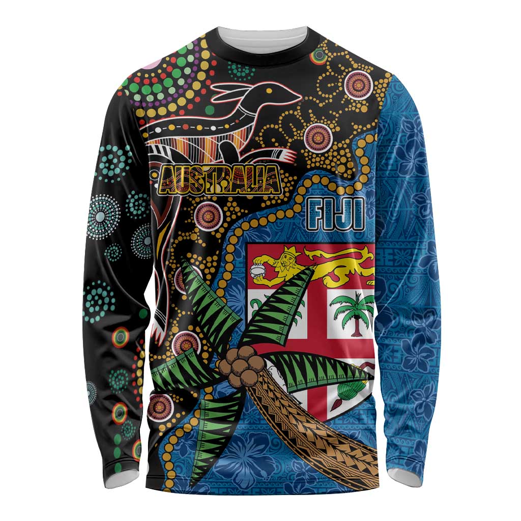 Fijian and Australian Culture Together Long Sleeve Shirt Aboriginal Art and Tapa Motifs with Kangaroo and Palm Tree - Polynesian Pride