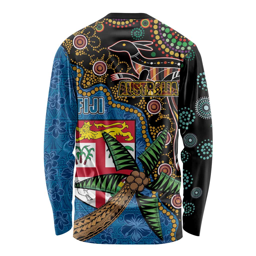 Fijian and Australian Culture Together Long Sleeve Shirt Aboriginal Art and Tapa Motifs with Kangaroo and Palm Tree - Polynesian Pride