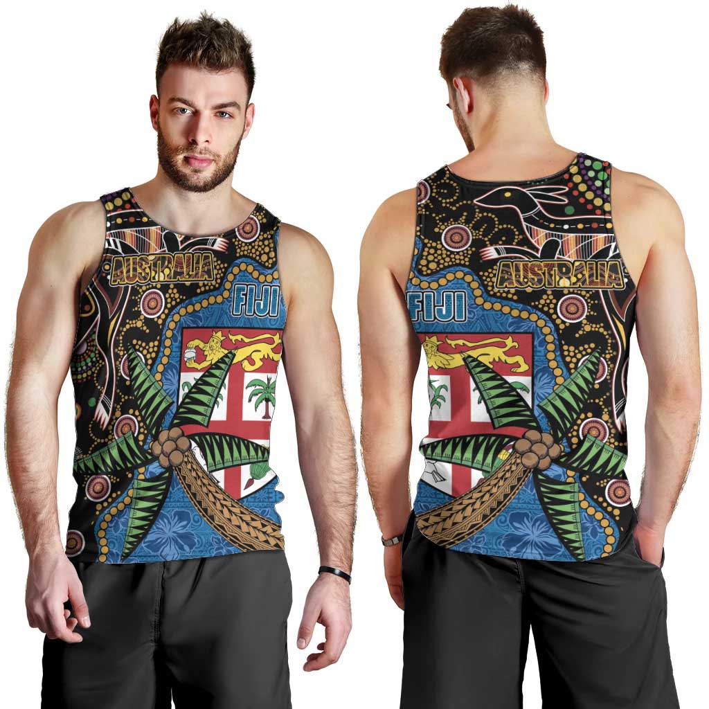 Fijian and Australian Culture Together Men Tank Top Aboriginal Art and Tapa Motifs with Kangaroo and Palm Tree - Polynesian Pride