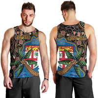 Fijian and Australian Culture Together Men Tank Top Aboriginal Art and Tapa Motifs with Kangaroo and Palm Tree - Polynesian Pride