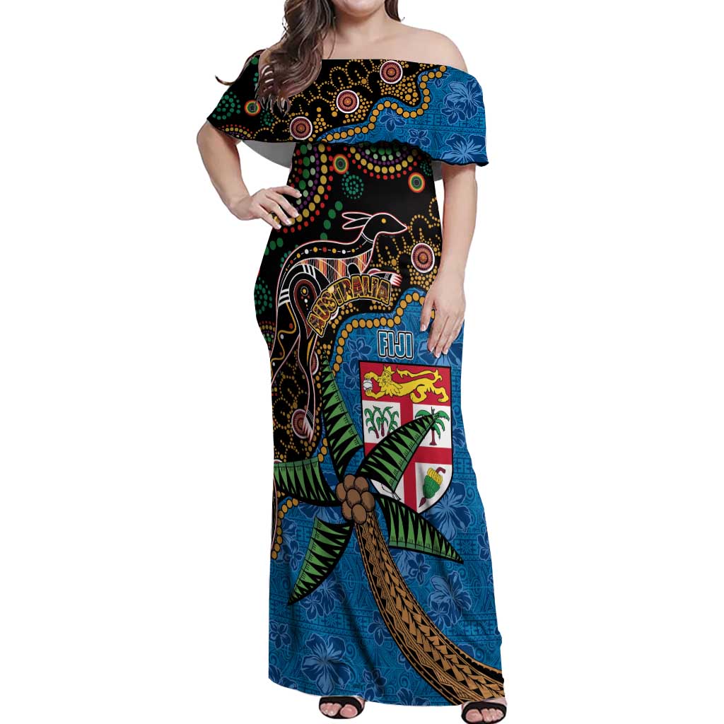 Fijian and Australian Culture Together Off Shoulder Maxi Dress Aboriginal Art and Tapa Motifs with Kangaroo and Palm Tree - Polynesian Pride