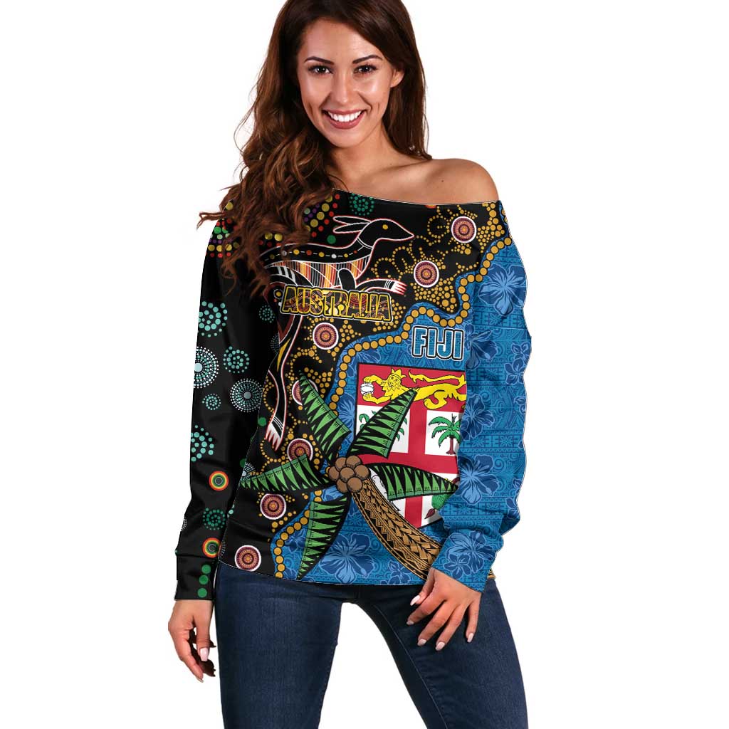 Fijian and Australian Culture Together Off Shoulder Sweater Aboriginal Art and Tapa Motifs with Kangaroo and Palm Tree - Polynesian Pride