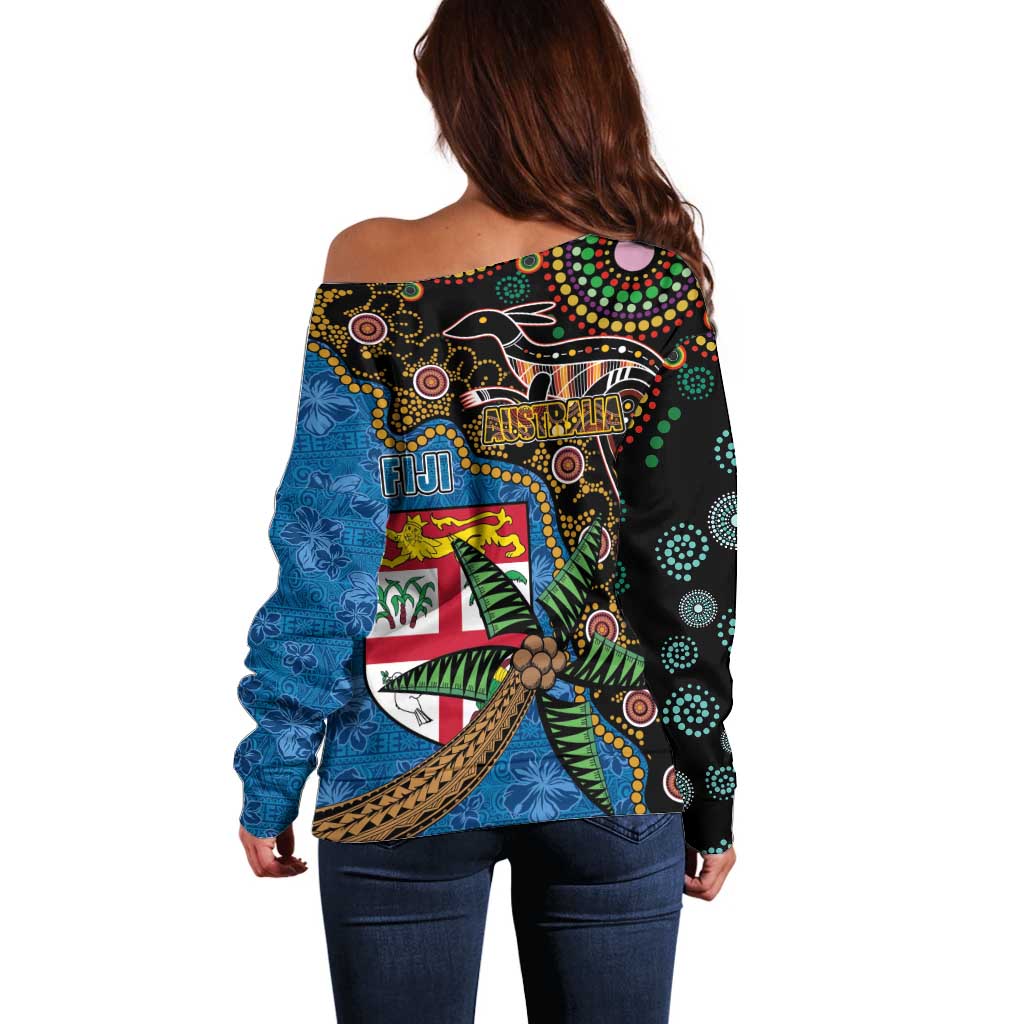 Fijian and Australian Culture Together Off Shoulder Sweater Aboriginal Art and Tapa Motifs with Kangaroo and Palm Tree - Polynesian Pride