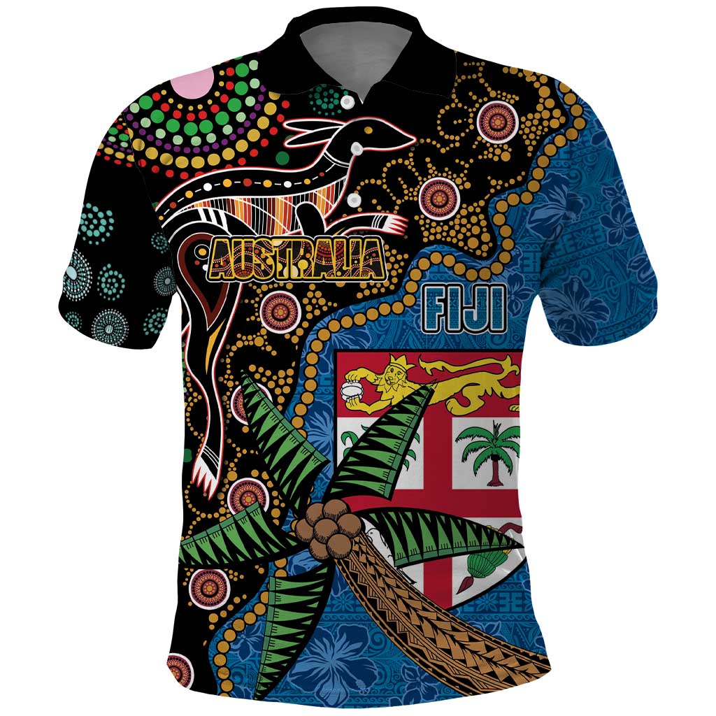 Fijian and Australian Culture Together Polo Shirt Aboriginal Art and Tapa Motifs with Kangaroo and Palm Tree - Polynesian Pride